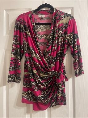 Carmen Marc Valvo Pink Chain & Leopard Wrap Blouse